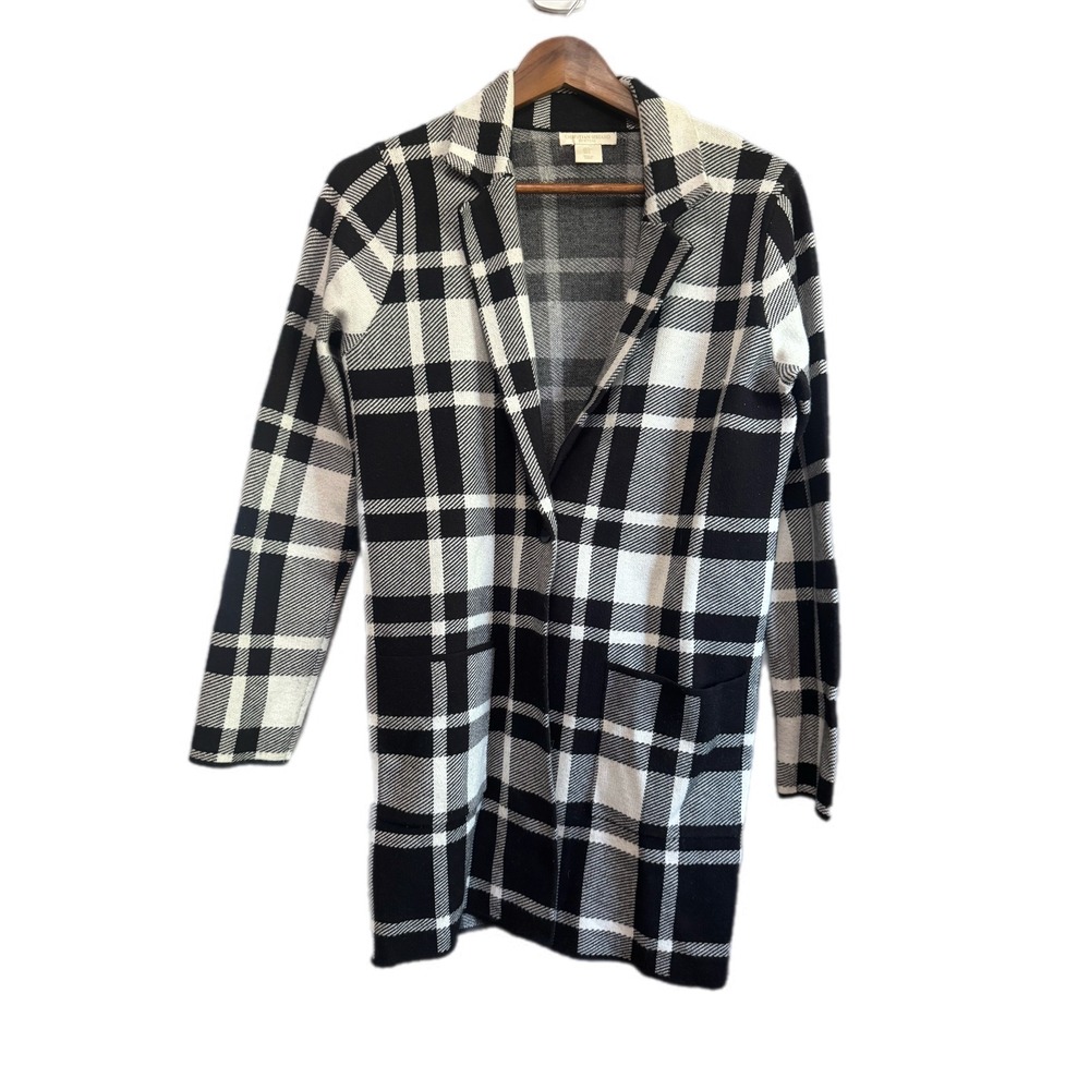Christian Siriano Plaid Knit Blazer Women Small Black White Excellent Longline‎